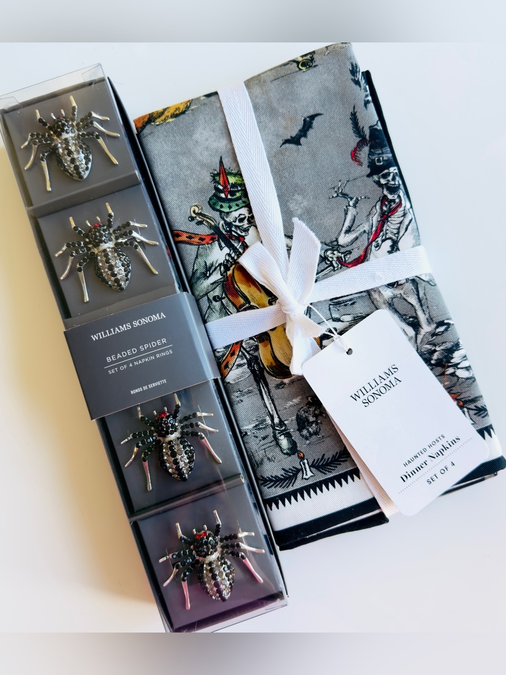 Williams Sonoma Jeweled Spider Napkin Rings & Haunted Hosts Napkins, Retail $129